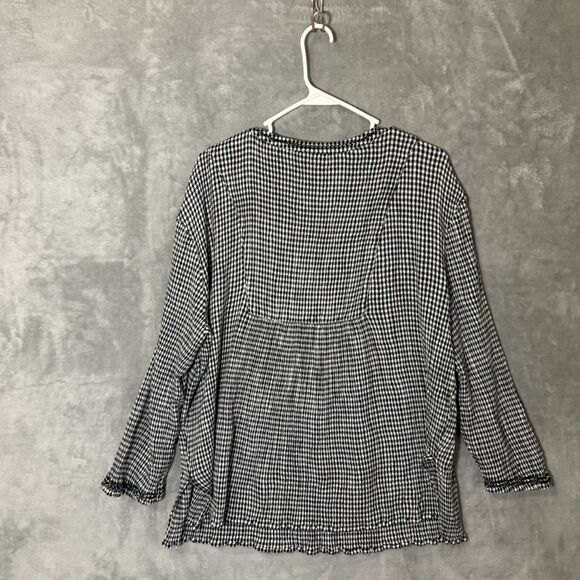 J Jill Top 2X Black White Checks V Neck 3/4 Sleeves Plus Tunic Cottagecore - Picture 5 of 9